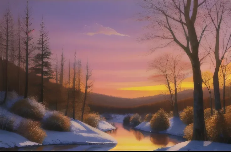 painting of a winter sunset over a stream in a snowy forest, warm beautiful scene, beautiful painting, winter painting, gorgeous painting, stunning painting, by Konrad Grob, by Roelof van Vries, beautiful art, beautiful oil painting, very very very beautif...