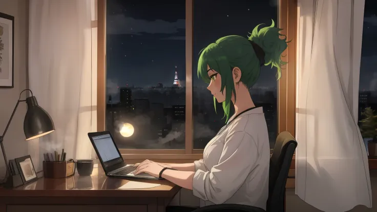 "A woman with green hair tied in a ponytail sits at a desk by a large window, typing on a laptop. She is wearing a loose white shirt, and the room is warmly lit, creating a cozy yet focused atmosphere. Outside the window, a breathtaking winter cityscape is...