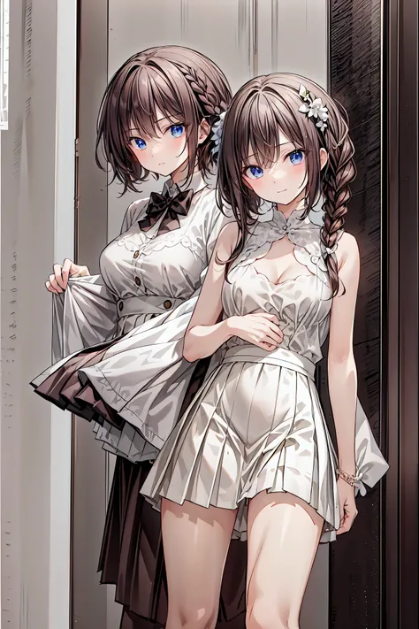 (8k、  highest image quality taken by Ki 、 top quality 、masterpiece)、 detailed face 、(( two girls))、((Twins))、Improve、 black hair、 twin tails、blunt bangs、 light blue eyes 、(( small breasts))、(( white shirt))、((Open the clothes))、(( black pleated skirt))、(( ...