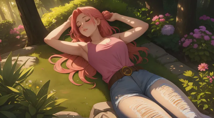 "A wide-angle, top-down view of a young woman peacefully sleeping in the middle of a lush and vibrant flower garden surrounded by numerous tall, leafy trees. The garden bursts with colors—pinks, purples, yellows, and whites—that stretch endlessly, creating...