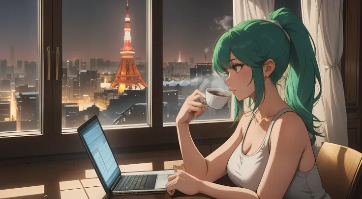 "A woman with green hair tied in a ponytail sits at a desk by a large window, typing on a laptop. She is wearing a pink tank top, and the room is warmly lit, creating a cozy yet focused atmosphere. Outside the window, a breathtaking winter cityscape is vis...