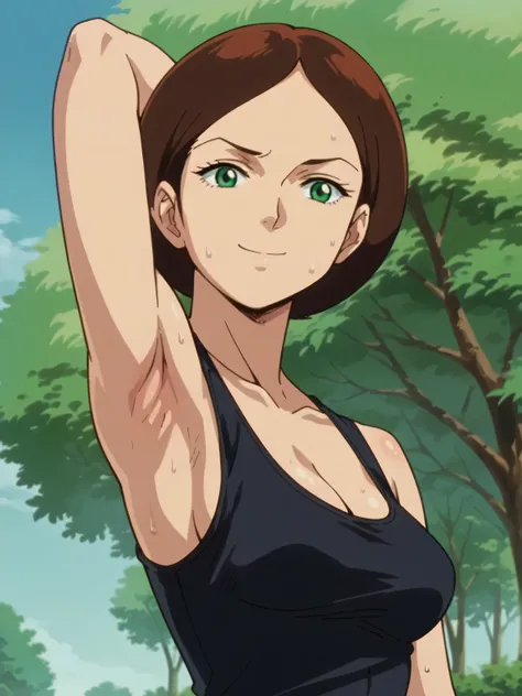 score_9, score_8_up, score_7_up, source_anime, anime screencap, 1girl, solo, EmmaSheen, brown hair, short hair, green eyes, medium breasts, black tank top, (cleavage:0.8), sleeveless, bare shoulders, bare arms, arm behind head, armpit, (looking at viewer:1...