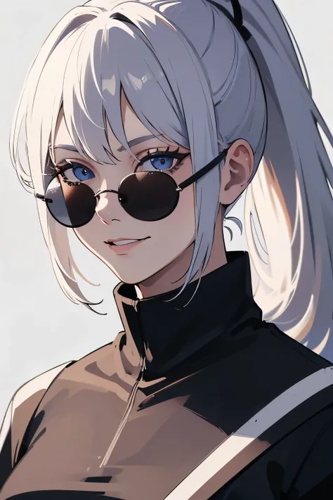 masterpiece, best quality, 1girl, white hair, black racing suit, smile, long hair, ponytail, mugshot, upper body, round sunglasses, detailed eyes, detailed facial features, realistic and high resolution (best quality, 4k, 8k, highres, masterpiece:1.2)