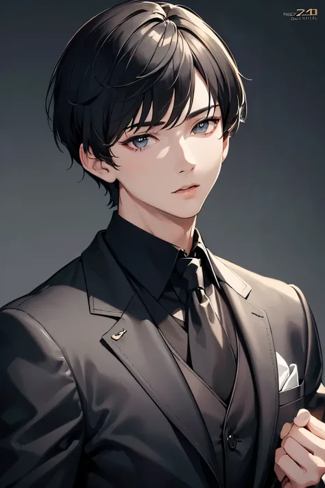 masterpiece, best quality, 1boy, black hair, short hair, black suit, mature, suit, sharp eyes, confident, detailed eyes, realistic face, realistic eyes, detailed facial features, realistic and high resolution (best quality, 4k, 8k, highres, masterpiece:1.2...