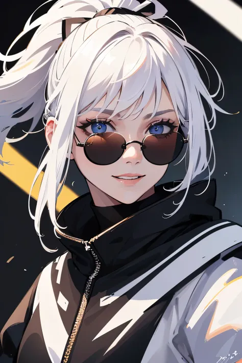 masterpiece, best quality, 1girl, white hair, black racing suit, smile, long hair, ponytail, mugshot, young, upper body, round sunglasses, detailed eyes, detailed facial features, realistic and high resolution (best quality, 4k, 8k, highres, masterpiece:1....