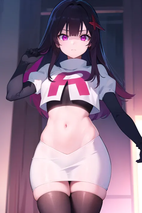 honkaisparkle, black hair, colored inner hair, glasses, hair intakes, hair ornament, hairclip, long hair, multicolored hair, (pink eyes:1.3), purple hair, straight hair, 
BREAK team rocket,team rocket uniform,white skirt,red letter R,crop top,black thigh-h...