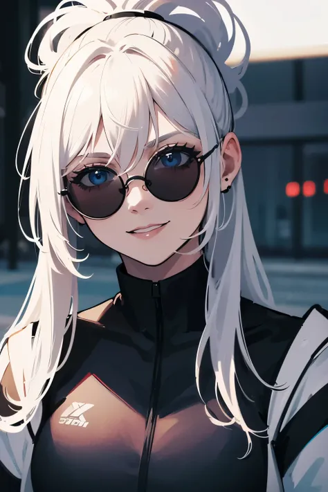 masterpiece, best quality, 1girl, white hair, black racing suit, smile, long hair, ponytail, mugshot, young, upper body, round sunglasses, detailed eyes, detailed facial features, realistic and high resolution (best quality, 4k, 8k, highres, masterpiece:1....