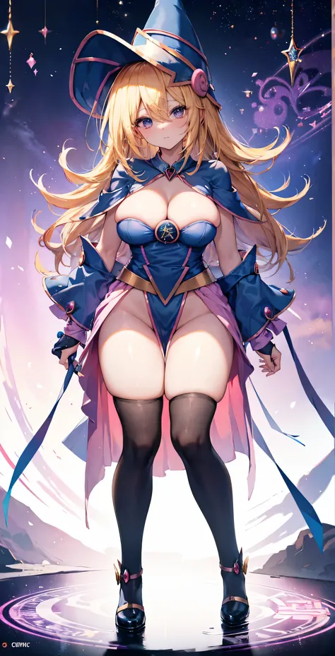 black magician girl、T-back that digs into your butt 、super breasts、thick thighs、blonde hair、magic circle、 Magic Wand  (((  she is standing in a magic spell with vibrant colors the image!!!)))