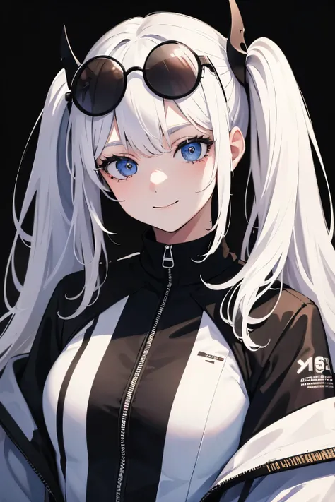 masterpiece, best quality, 1girl, white hair, black racing suit, smile, long hair, twintails, mugshot, young, loli, upper body, round sunglasses, detailed eyes, detailed facial features, realistic and high resolution (best quality, 4k, 8k, highres, masterp...