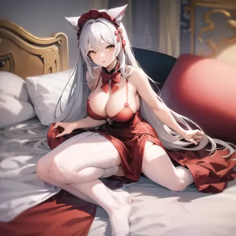 anime - style image of a woman in a Christmas clothes outfit posing on a bed, anime cat girl in a maid costume, fine details. girl in a maid costume, cosplay of a catboy! maid! dress, wlop and sakimichan, from arknights, captured on canon eos r 6, gorgeous...