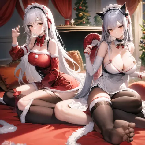 anime - style image of a woman in a Christmas clothes outfit posing on a bed, anime cat girl in a maid costume, fine details. girl in a maid costume, cosplay of a catboy! maid! dress, wlop and sakimichan, from arknights, captured on canon eos r 6, gorgeous...