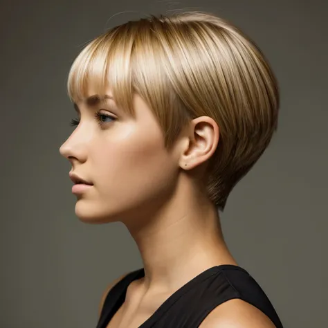 Picture of a beautiful, thin, american teen girls head from side view. She is looking up. The girl has beautiful, super heavy, super thick, super smooth, super silky, highlighted ash blonde, short pixie hair with bangs.