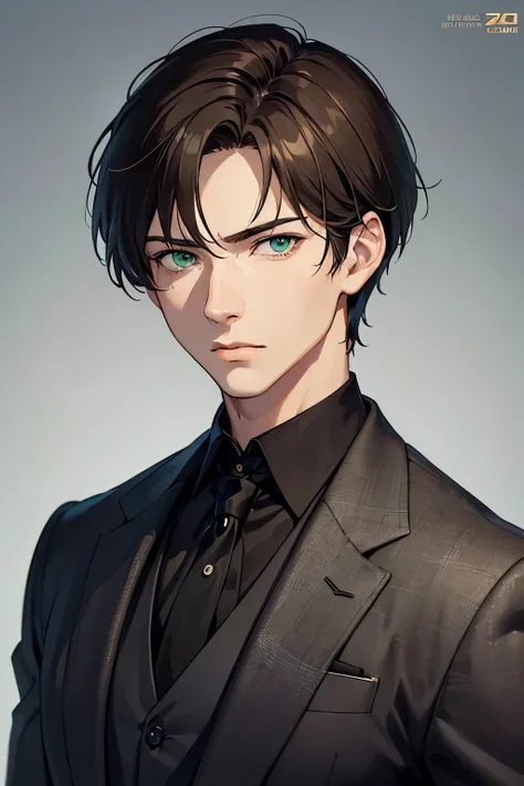 masterpiece, best quality, 1boy, brown hair, green eyes, short hair, side part, black suit, confident, sharp eyes, mature, masculine, fierce, mad face, realistic face, realistic eyes, closed up, upper body, looking at viewer, detailed eyes, detailed facial...