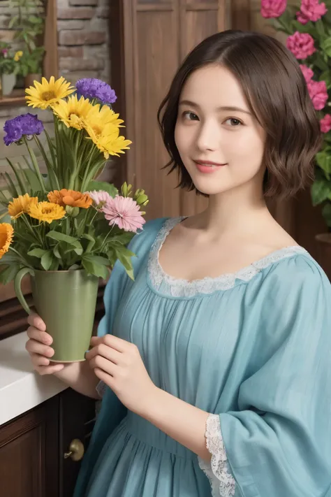 340 (20-year-old female, short hair), ( high image quality), (smile), ( Colorful Dress ), (( Ariettis World )), (Big Plants/Flowers ), (Dollhouse), ( Leonardo da Vinci)