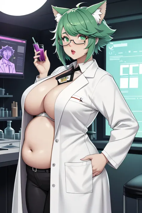 art by kipteitei, 1girl, chubby girl, crazy scientist, mad scientist girl, curious abd enthusiastic, masterpiece, acidic green haircut and cat-ear, cat-girl, glasses, tight lab coat, xenobiologist, sci-fi background, white pale skin, anime style