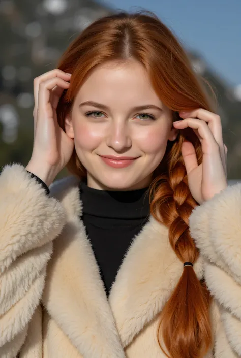 8k, RAW photography of Madelaine Petsch, full body shot, shot taken from far of a beautiful redhaired woman, professional photography of a redhead model, The model is posing in a snow, wearing beige fur coat, Hair braided into a braid, belgium mountain ski...