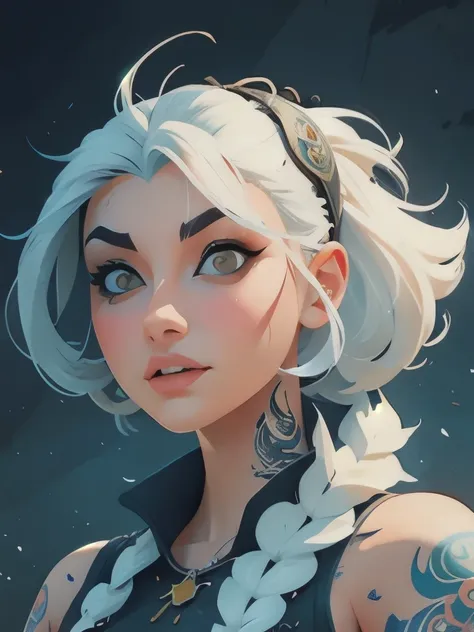 a woman with white hair and tattoos wearing a headdress, cyberpunk art inspired by rossdraws, trending on cgsociety, fantasy art, epic fantasy art style hd, fantasy art style, digital fantasy art ), 8k high quality detailed art, detailed fantasy digital ar...