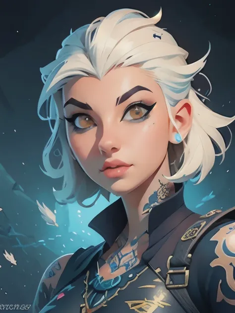 a woman with white hair and tattoos wearing a headdress, cyberpunk art inspired by rossdraws, trending on cgsociety, fantasy art, epic fantasy art style hd, fantasy art style, digital fantasy art ), 8k high quality detailed art, detailed fantasy digital ar...