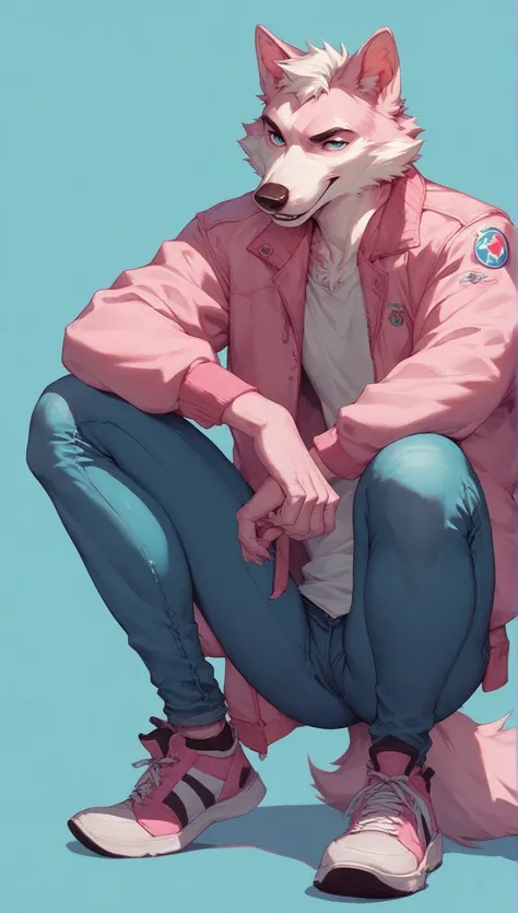 Anthropomorphic cartoon wolf in the style of the 1940s, wearing jeans,  sitting with legs spread ,  squatting posture , blue background pink clouds, pink jacket  