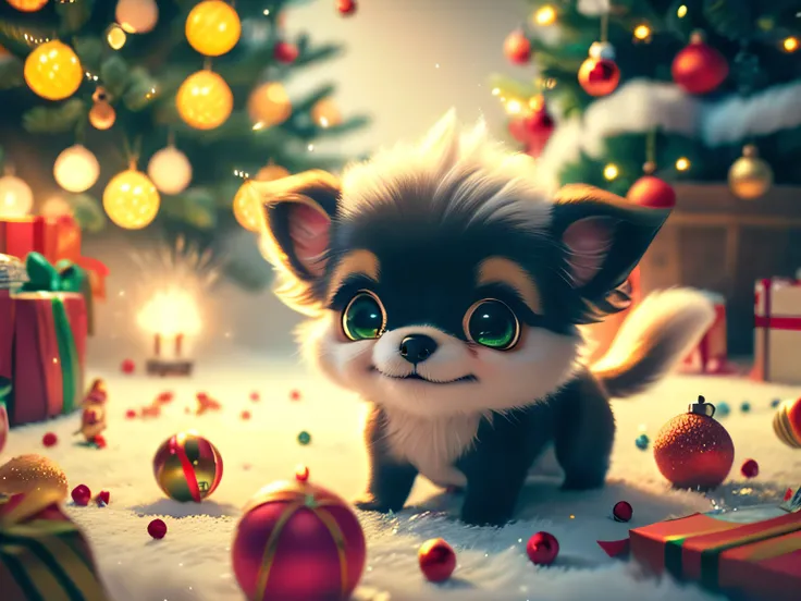 Funny Christmas meme featuring a Chihuahua puppy who has scattered all the presents under the tree. Show the puppy with big surprised eyes looking at the mess around him as if he has nothing to do with it. Add some funny text like: I just came to see whats...
