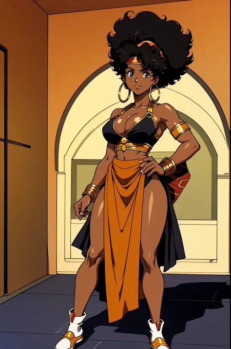 one woman, full body, black woman from an 90s anime, 90s anime fog, static like from an 90s anime, 1990s (style), short afro hair, black afro, very curly black hair, serious smile, mouth closed, mysterious, brown skin, action anime, bandana headband, afric...