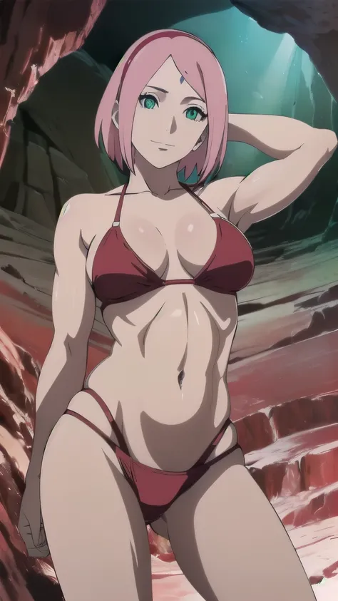 anime style, solo, 1 woman, cowboy shot, (standing), super ultra details, (bold drawing lines:1.2), very high resolution, perfect anatomy, ultra detailed face, 1girl, haruno sakura, (off-shoulders, (small biceps:1.1), very pale skin, forehead mark), ((red ...