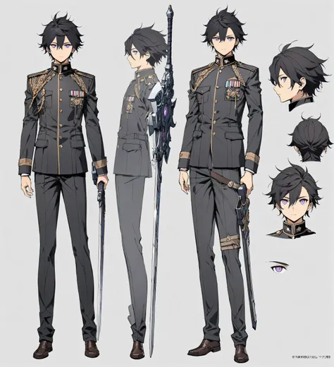 solo,1man,full body,black hair,Cool hairstyle,purple eyes,uniform,school uniform,holding a great sword in hand,looking at viewer,upright,arms at sides,concept art.white background,simple background,best quality,masterpiece,illustration,beautiful detailed e...