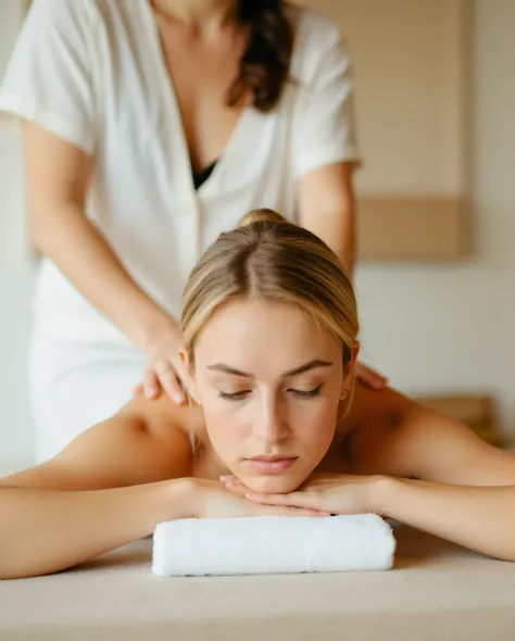 A serene spa environment with a young dark blond woman lying face-down on a massage table, receiving a relaxing back massage. Soft natural lighting, smooth skin, relaxed expression, and calm ambiance. The background is blurred, creating a cozy, tranquil at...