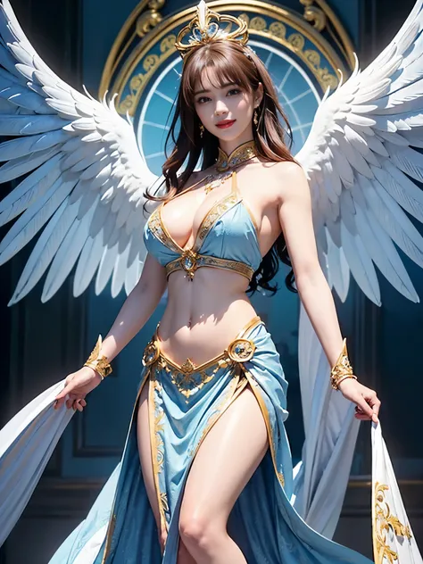 ((Very beautiful angel queen,The final form as a perfect angel, the masterpiece of an angel,Huge and intricate angel wings,The most dignified wings,Golden light,shining background,The most opulent and holy temple background,White and gold temple background...