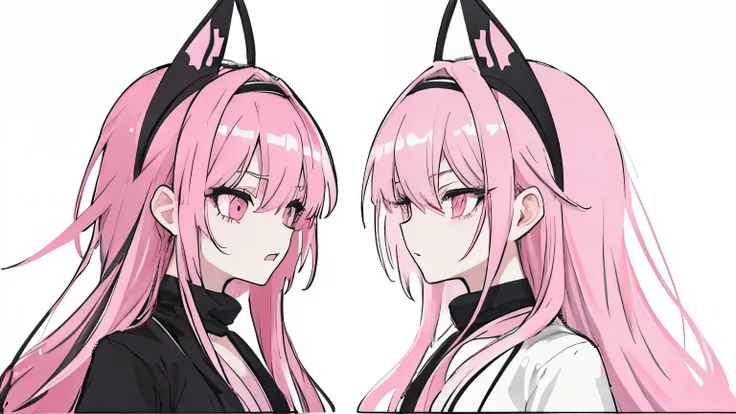  pink hair，Black clothes，White background，Right facing front， amazing expression， with headband ， Double Tail 