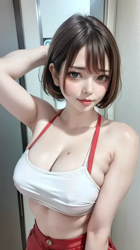 A masterpiece of hyperrealism & Beautiful Girl As Pictured , realistic skin (Pore-filled skin)  short bob,  Realistic Red Lips,Punk Girl, (Upper body photo:1.5), shorts,Tokyo cityscape 