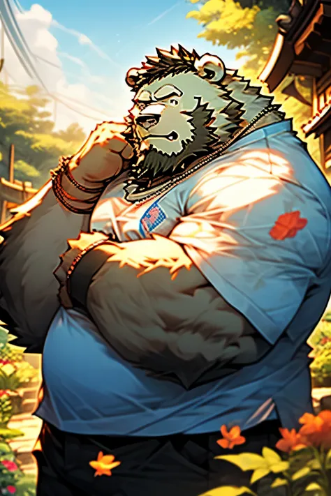 A fat polar bear beastman with a black beard wearing a T-shirt is scratching his cheek with a troubled face. Anime picture. Japanese manga style. Early morning. Blue-based background. Garden.