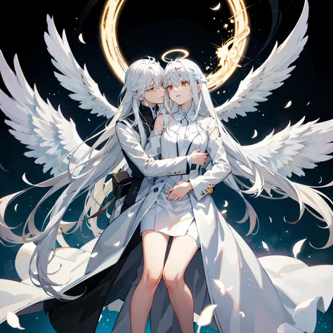 Anime couple hugging and kissing ,  long scarf red color  ,Looking forward Man in formal attire wearing a white and platinum lab coat on top Male,red eyes, cabello largo color platino anime angel con alas y un halo por encima de la cabeza, anime wallpaper ...