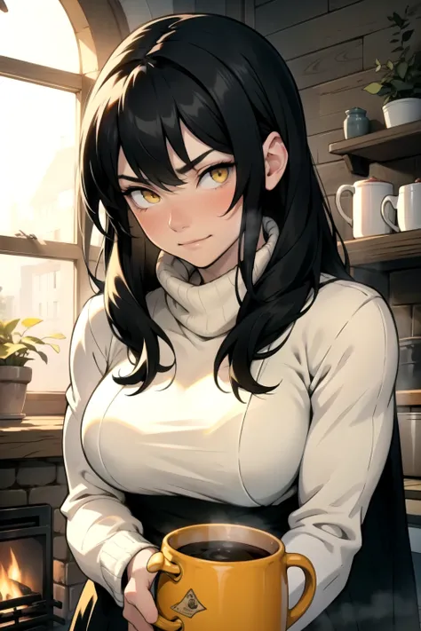 indoors hearth blankets mugs black hair yellow eyes pale skin light blush soft smile muscles large breasts cozy cold girl