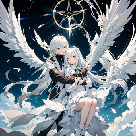Anime couple hugging and kissing , long scarf red color ,Looking forward Man in formal attire wearing a white and platinum lab coat on top Male,red eyes, cabello largo color platino anime angel con alas y un halo por encima de la cabeza, anime wallpaper ...