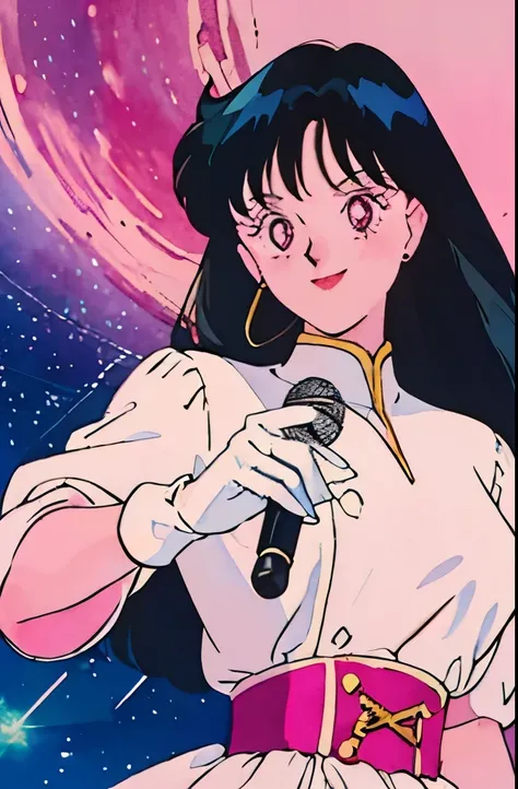 1girl, solo, long hair, black hair, microphone, gloves, jewelry, earrings, retro artstyle, 1980s (style), holding, space, black eyes, looking at viewer, holding microphone, smile, upper body, star (symbol), pink gloves, star (sky), very long hair, traditio...