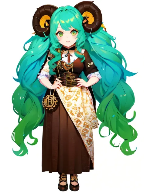 ((live 2D))  masterpiece, 1girl, full body, stands straight, steampunk clothes, military clothing, looking at viewer, detailed face, girl with green wavy hair, bangs, metal sheep horns, gradient hair, multicolored hair, light green hair, turquoise hair tip...