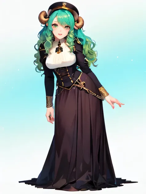 ((live 2D))  masterpiece, 1girl, full body, stands straight, steampunk clothes, military clothing, looking at viewer, detailed face, girl with green wavy hair, bangs, metal sheep horns, gradient hair, multicolored hair, light green hair, turquoise hair tip...