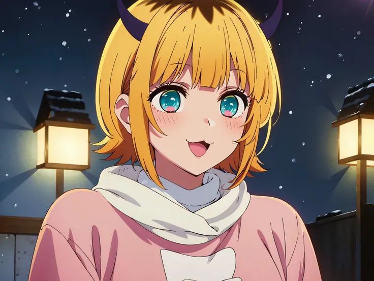 MEMcho,
Open your mouth, :3, smile, A slight blush,solo
short hair, Blonde, Multicolored Hair, Aqua Eye, Blunt bangs, (horn:1.2),(((Winter clothes)))、冬⛄️、 close-up