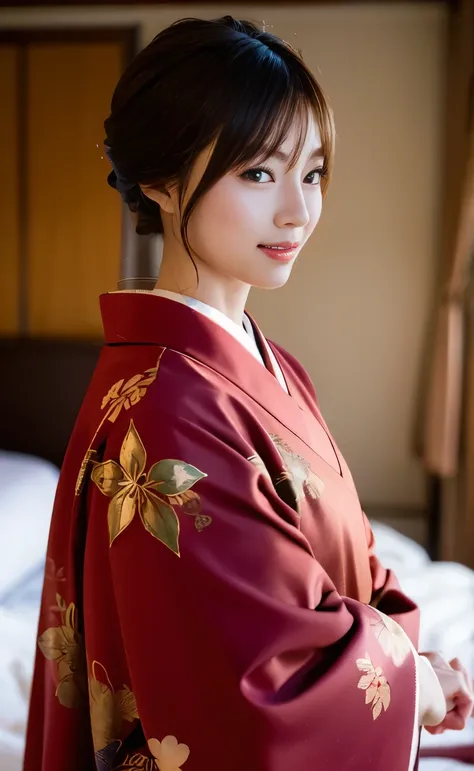 ((( carefully drawn based on perfect anatomy ))), photo shooting in a traditional Japanese room at a long-established luxury ryokan ,The collar of the kimono is pulled back, Revealing the white scruff of the neck.,A wide-angle lens is used to capture a hip...