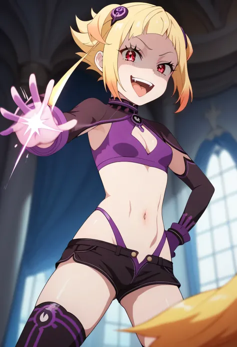 masterpiece, best quality, good quality, newest, CEL, AnFit, red eyes, blonde hair, purple crop top, 1girl, tongue out, black thighhighs, looking at viewer, purple gloves, cowboy shot, short shorts, black shorts, small breasts, highleg panties, hair orname...