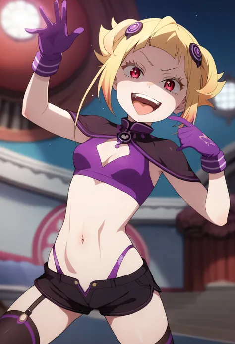 masterpiece, best quality, good quality, newest, CEL, AnFit, red eyes, blonde hair, purple crop top, 1girl, tongue out, black thighhighs, looking at viewer, purple gloves, cowboy shot, short shorts, black shorts, small breasts, highleg panties, hair orname...