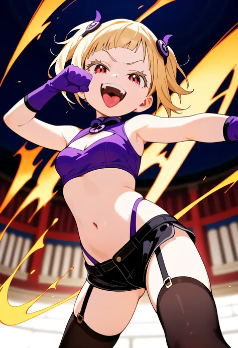 masterpiece, best quality, good quality, newest, CEL, AnFit, red eyes, blonde hair, purple crop top, 1girl, tongue out, black thighhighs, looking at viewer, purple gloves, cowboy shot, short shorts, black shorts, small breasts, highleg panties, hair orname...
