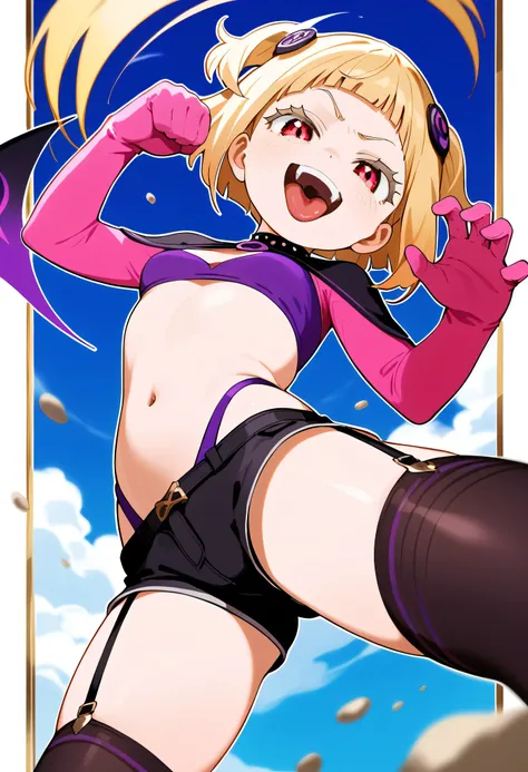 masterpiece, best quality, good quality, newest, CEL, AnFit, red eyes, blonde hair, purple crop top, 1girl, tongue out, black thighhighs, looking at viewer, purple gloves, cowboy shot, short shorts, black shorts, small breasts, highleg panties, hair orname...