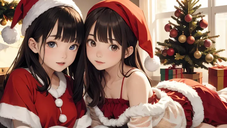 masterpiece,(2girls,Age 15,petites),pale skin, bangs, Santa Claus 、 small breasts、 christmas tree 、Clothes with ribbons