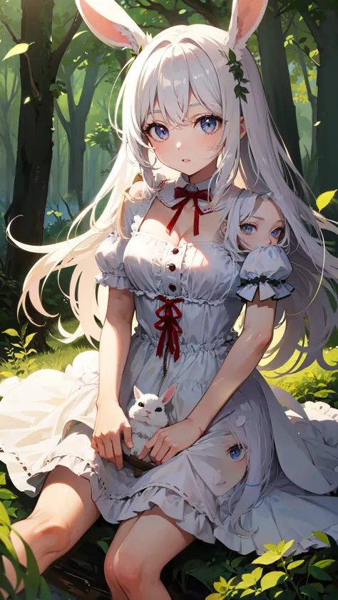  1girl,  Cute girl , In the forest, with rabbit ,  white hair,  long hair,  wavy hair, delicate dress 