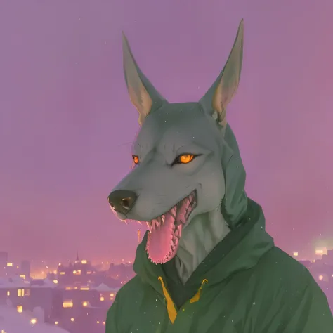 there is a dog with a hoodie on standing in the snow, photo of ghost of anubis, anubis-reptilian, chillhop, anubis reptilian, with red haze and a massive grin, very very low quality picture, frank moth, weirdcore voidpunk fursona, anubis, portrait of bojac...