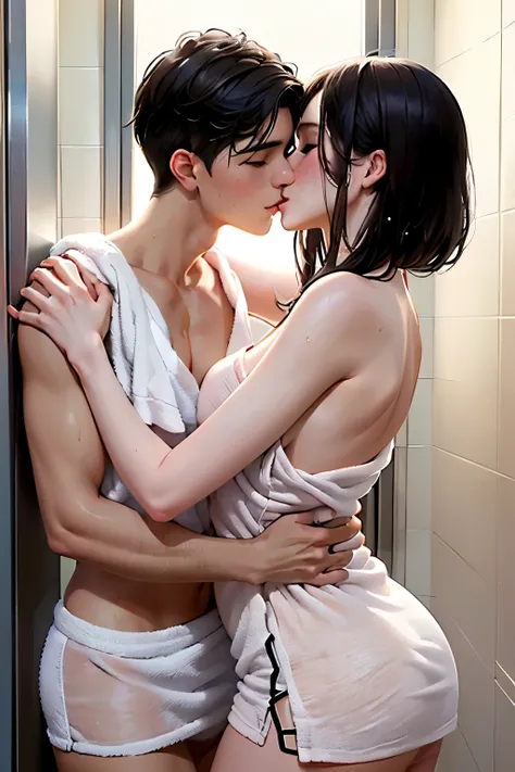 Shirtless boy kissing and making out with a sexy girl wearing a towel around her body in the bathroom and theyre both wet