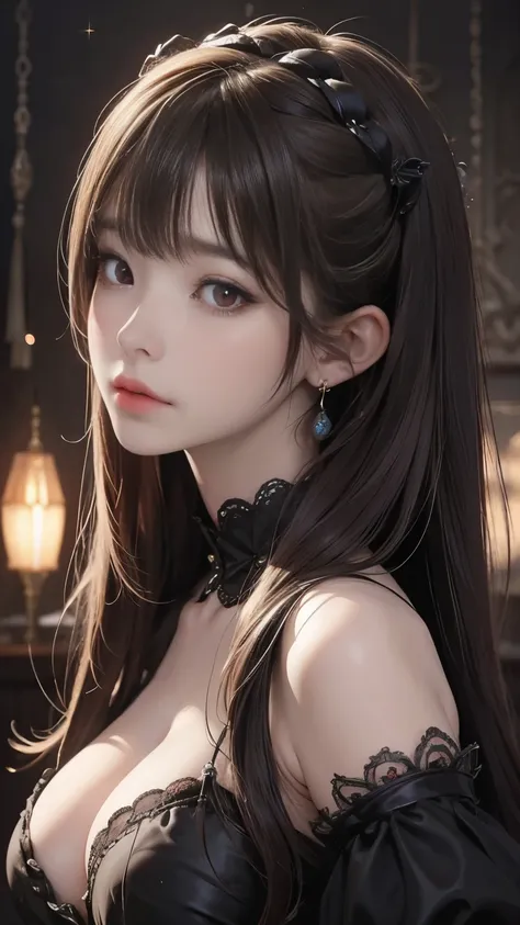 (  top quality ,4K,8k,   high res ,masterpiece:1.2),  very detailed ,( realistic ,photo realistic ,photo- realistic :1.37),  close-up of a dark-haired woman in a black dress, Dark Eyes,Unlucky笑顔,((((Big Breasts、 cute、 red eyes))))、(Fatal Beauty, charm的な美しさ...