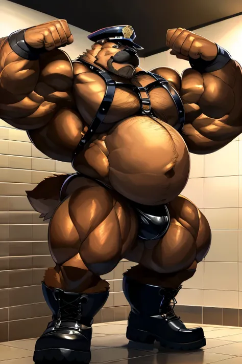 Anthropomorphic bodybuilder german shepherd (german shepherd, brown fur, rugged, manly, masculine, very muscular, very hairy, very massive muscles, very voluminous muscles, very broad-shouldered, very big gut, muscle gut, very large belly, xxxxl belly, obe...